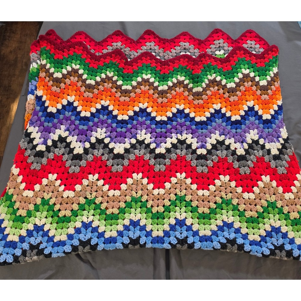 Vtg Handmade Crochet Rainbow Chevron Ripple Afghan Throw Blanket Colorful 60x34